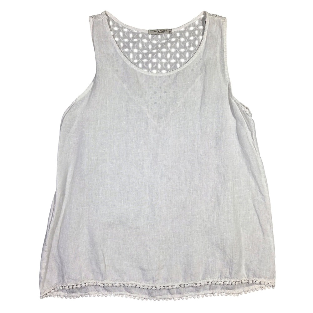 Viola Borghi White Linen Tank Top Womens‎ M Crochet Italy Made Resort Layering